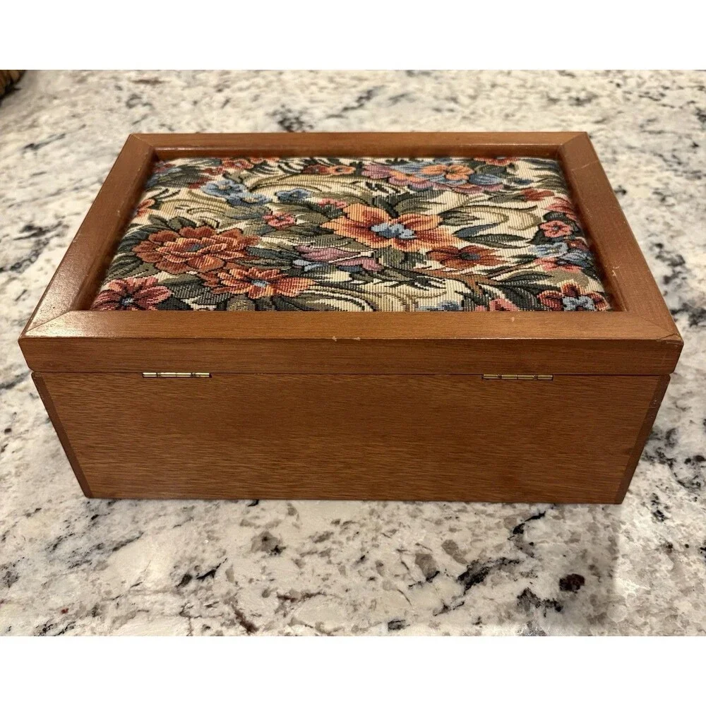 Vintage Floral Tapestry Top Wood Hinged Jewelry Box Pink Velvet Lining Drawer